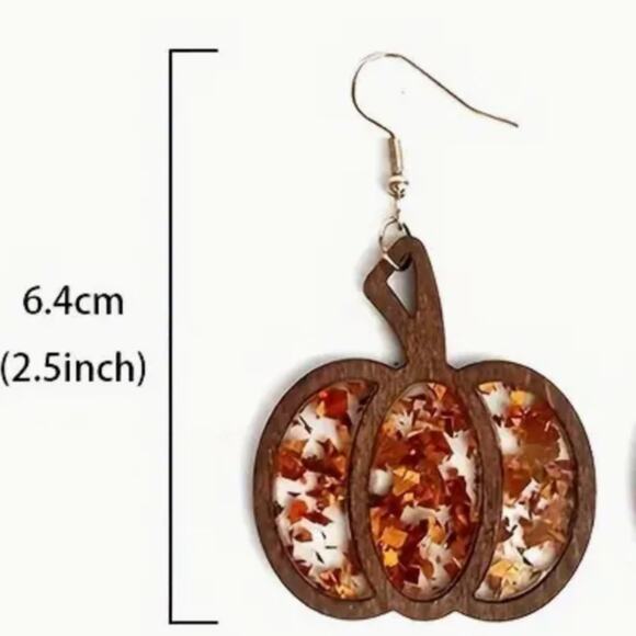 Wooden Glitter Pumpkin Earrings - Picture 2 of 2